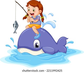 Cute girl riding on whale illustration