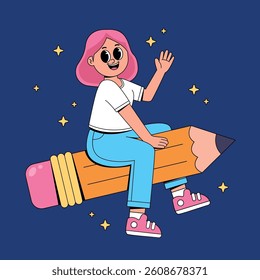 Cute girl riding pencil with stars cartoon