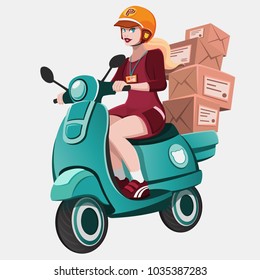 Cute girl riding scooter. Motor bike in flat style vector illustration. Happy young girl riding blue scooter motor bike in flat style vector illustration. Courier delivering package.