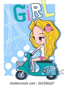 Cute Girl Riding Scooter Vector.