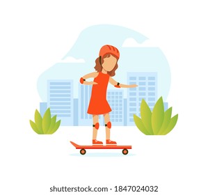 Cute Girl Riding Skateboard on City Street, Outdoor Morning Workout Vector Illustration