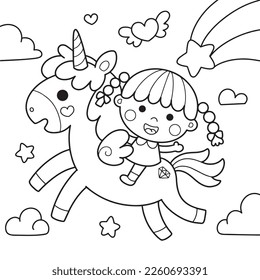 Cute girl riding a unicorn coloring page illustration eps