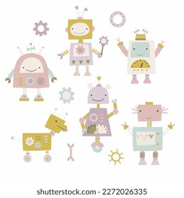 Cute girl robots, dog robot, robotic pieces, pastel colour vector illustrations.
baby girl, birthday, wall art