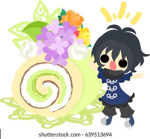 A cute girl and a roll cake of hydrangeas