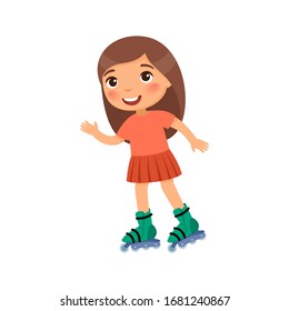 Cute girl  roller skating flat vector illustration. Little girl using rollerskate cartoon character. Kid with self balancing isolated on white. Sport and recreation