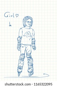 Cute girl with round spectacles is standing on skate rollers, Blue pen sketch on square grid notebook page, Hand drawn vector linear illustration