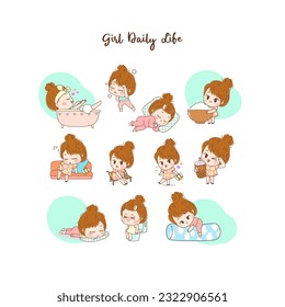 Cute Girl routine character design illustrations set. daily life of girl. sleeping, take a bath, excercise
