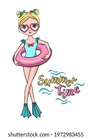 Cute Girl with a rubber ring. Cartoon vector design for printing t-shirts, badges, logos, labels or stickers. 