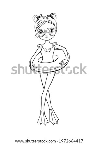 Cute Girl with a rubber ring. Coloring page. Cartoon design for printing t-shirts, badges, logos, labels or stickers. Vector illustration.