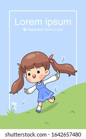 Cute girl run on green field in spring time, kawaii cartoon in chibi style, vector illustration