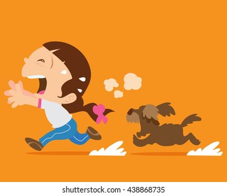 Cute girl running away from angry dog. Dogs chases to bite