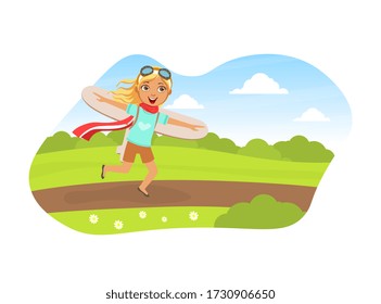 Cute Girl Running with Cardboard Wings, Child Dreaming of Becoming Aviator Vector Illustration