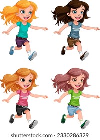 Cute Girl Running Cartoon Characters Collection illustration