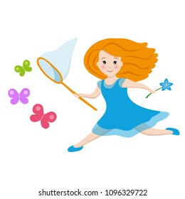 A cute girl running with a net for butterflies