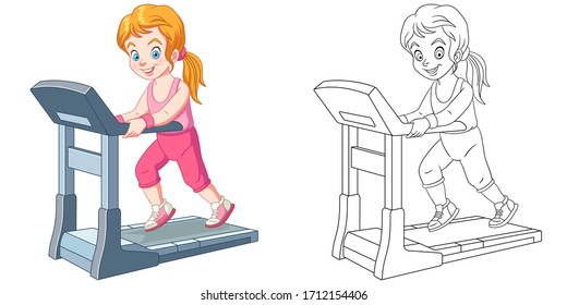 Cute girl running on treadmill in a sport club. Coloring page and colorful clipart character. Cartoon design for t shirt print, icon, logo, label, patch or sticker. Vector illustration.