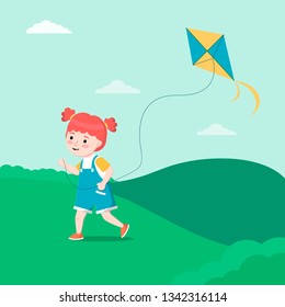 Cute girl running and playing with kite in the park. Happy baby playing outdoor. Sports activity, healthy lifestyle. Colorful vector illustration in flat cartoon style.