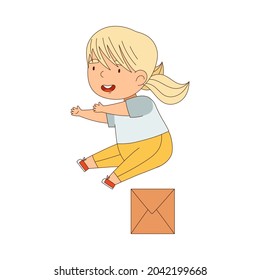 Cute Girl Running and Rushing at Full Speed Jumping Over Cardboard Box Vector Illustration