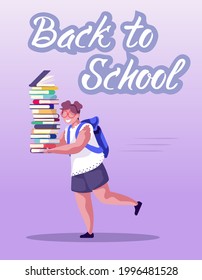 Cute girl running with stack of books and backpack to school. Bookworm. Schoolgirl. Back to school. Education. Reading. Colourful vector illustration. Cartoon style 