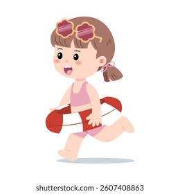 A cute girl runs with a swim ring and pink sunglasses, excited for summer water play. Vector illustration