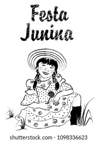 Cute girl in a rustic dress and hat for Festa Junina party. Hand drawing for coloring book. Vector illustration.