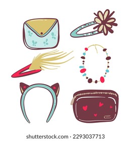 Cute girl s elements background. Wallet Diamond, hair, flower, varnish, clip, cosmetic, bag hair hoop