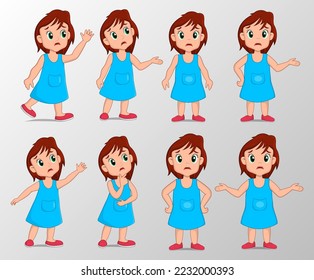Cute girl with sad gesture expression set vector illustration