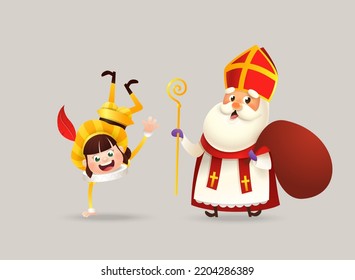 Cute girl and Saint Nicholas or Sinterklaas - celebration Saint Nicholas day - vector illustration