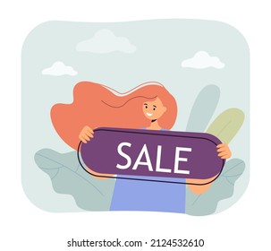Cute girl with sale sign flat vector illustration. Seller announcing hot discounts or final sale on clothes or beauty products. Shopping, marketing concept for banner, website design or landing web