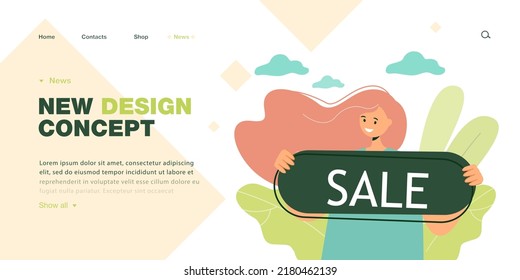 Cute girl with sale sign flat vector illustration. Seller announcing hot discounts or final sale on clothes or beauty products. Shopping, marketing concept for banner, website design or landing web