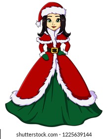 Cute girl in Santa Claus costume and winter hat. Girl with brown hair and green eyes, in red dress. Cartoon hand drawn vector illustration. Can be used for children games, Christmas cards etc. 