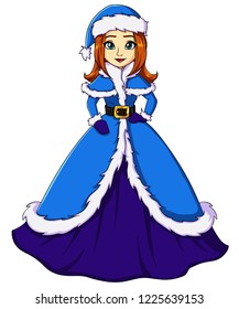 Cute girl in Santa Claus costume and winter hat. Girl with red hair and blue eyes, in blue dress. Cartoon hand drawn vector illustration. Can be used for children games, Christmas cards etc. 