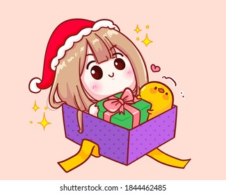 Cute girl in santa claus costume Sitting in a gift box illustration Premium Vector