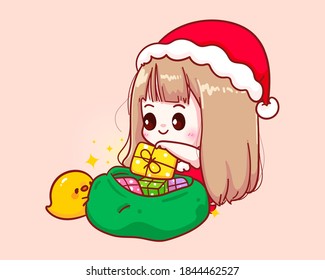 Cute girl in santa claus costume Put a gift box into a cloth bag illustration Premium Vector