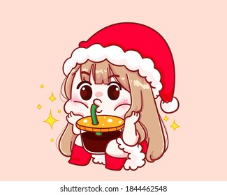 Cute girl in santa claus costume Coffee sucker illustration Premium Vector