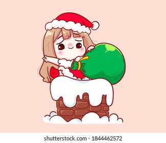 Cute girl in santa claus costume On the chimney illustration Premium Vector