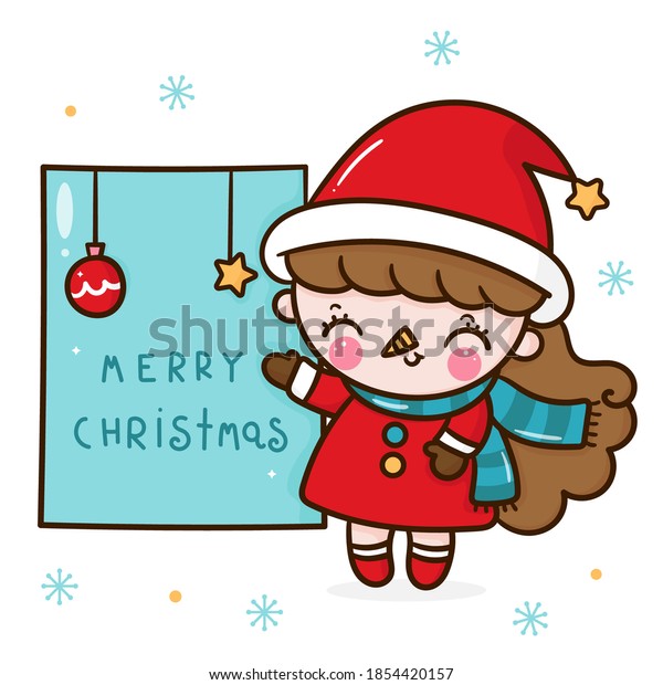 Cute girl santa claus vector wear fancy dress with merry christmas