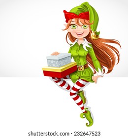 Cute girl Santa elf with gifts sit on white banner