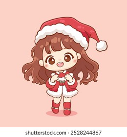 Cute girl in santa hat christmas kawaii character illustration