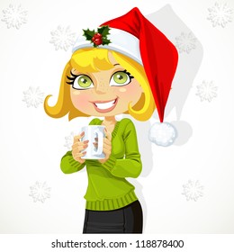 Cute girl in Santa hat hold cup of hot drink