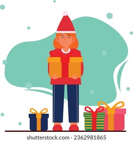Cute girl in Santa hat holding big gift box. Vector illustration in flat style