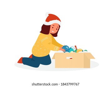 Cute Girl In Santa Hat Sitting On Knees Taking Out Christmas Ball From The Box With Toys. Flat Vector Illustration. Isolated On White.