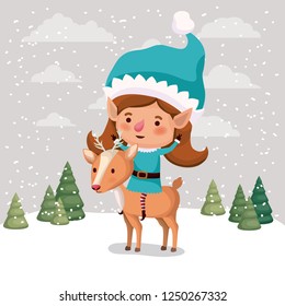 cute girl santa helper with reindeer in snowscape