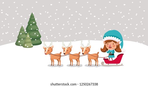 cute girl santa helper with sled and reindeer
