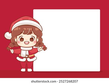 Cute girl santa pointing showing empty white board Christmas