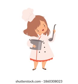 Cute Girl with Saucepan and Ladle, Cute Little Chef Character in Uniform Cooking in the Kitchen Cartoon Style Vector Illustration