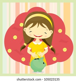 cute girl saving money in piggy bank - design element - vector illustration