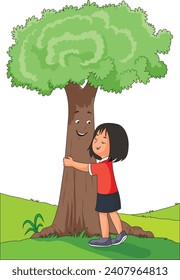 Cute girl saving trees vector illustration