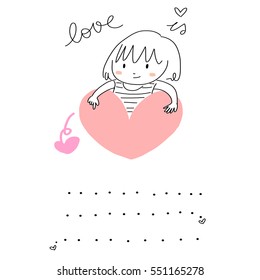 Cute girl saying "Love is..." and pointing to big heart and underneath dotted lines guided to filling in the blanks. Valentine' s Day card. Vector illustration.