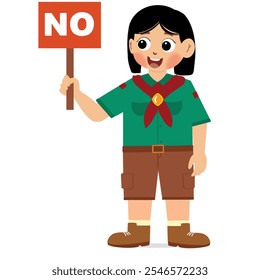 cute girl saying no with sign. happy cute kid girl carry wrong sign vector. 