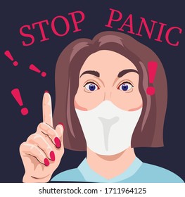 
Cute girl says stop panic. Corona virus pandemic. The girl raised her finger to the top. Fight covid-19 corona virus symptoms. people fight virus concept. Corona viruses vaccine concept 